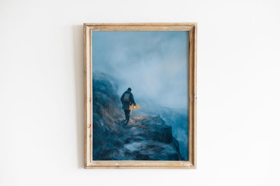Moody Lighthouse Keeper Walking Rocky Shore Coastal Wall Art Dramatic Nautical Scene Of Solitude 198