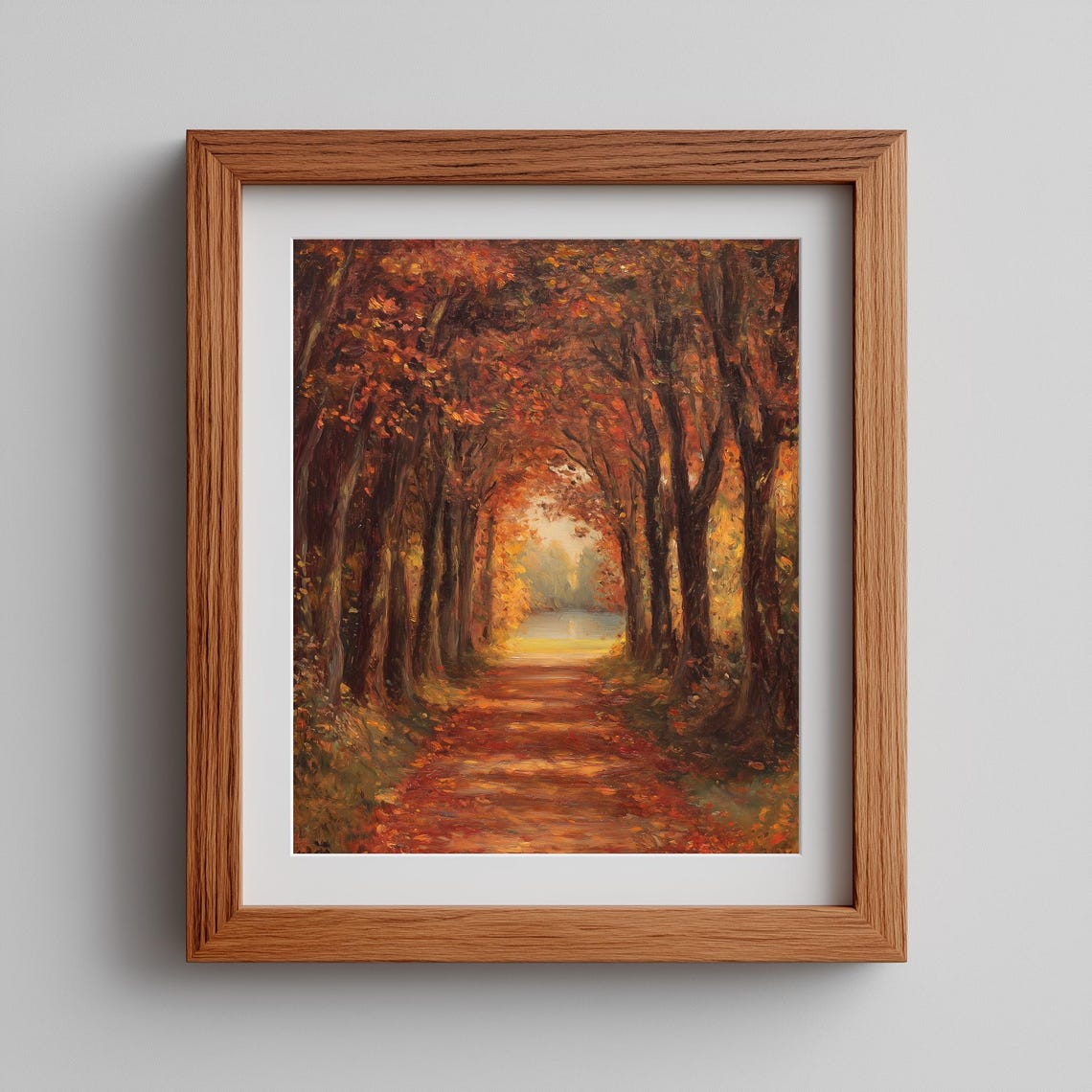 Autumn Forest Corridor Painting Warm Orange Tree Lined Path Wall Art