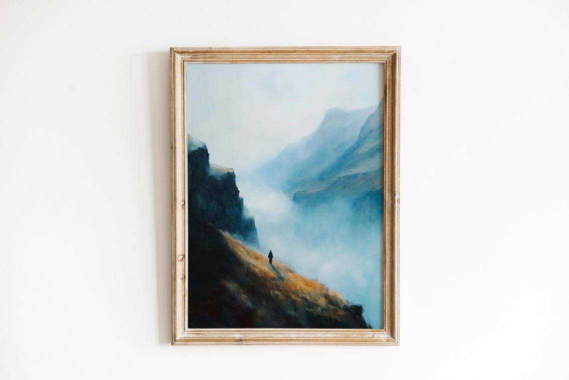 Lone Hiker on Misty Mountain Cliff Morning Fog Moody Landscape Poster