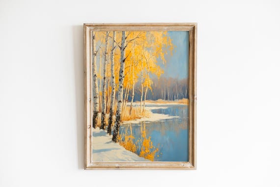 Birch Trees By Frozen Lake Wall Art Moody Winter Landscape Rustic Golden Leaves Cozy Serene Nature Scene 596