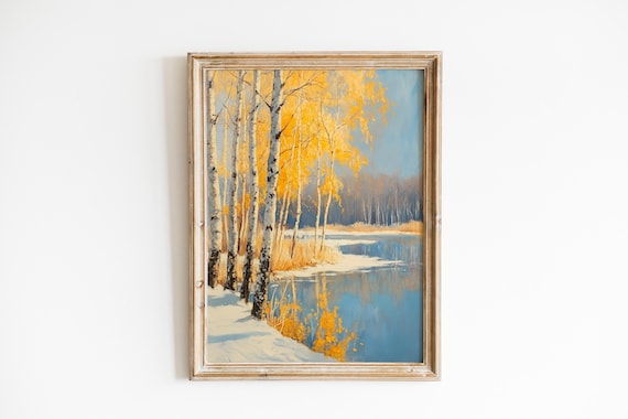 Golden Birch Trees by Frozen Lake Autumn Winter Oil Painting Wall Art