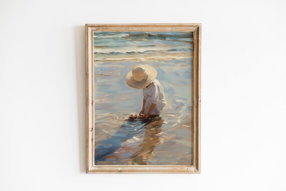 Child with Sunhat Playing at the Shoreline Soft Coastal Oil Painting Poster