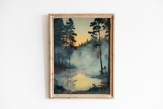 Moody Hot Spring Landscape Art Rustic Forest Pool With Mist Tranquil Nature Scene Atmospheric Wall Decor 624