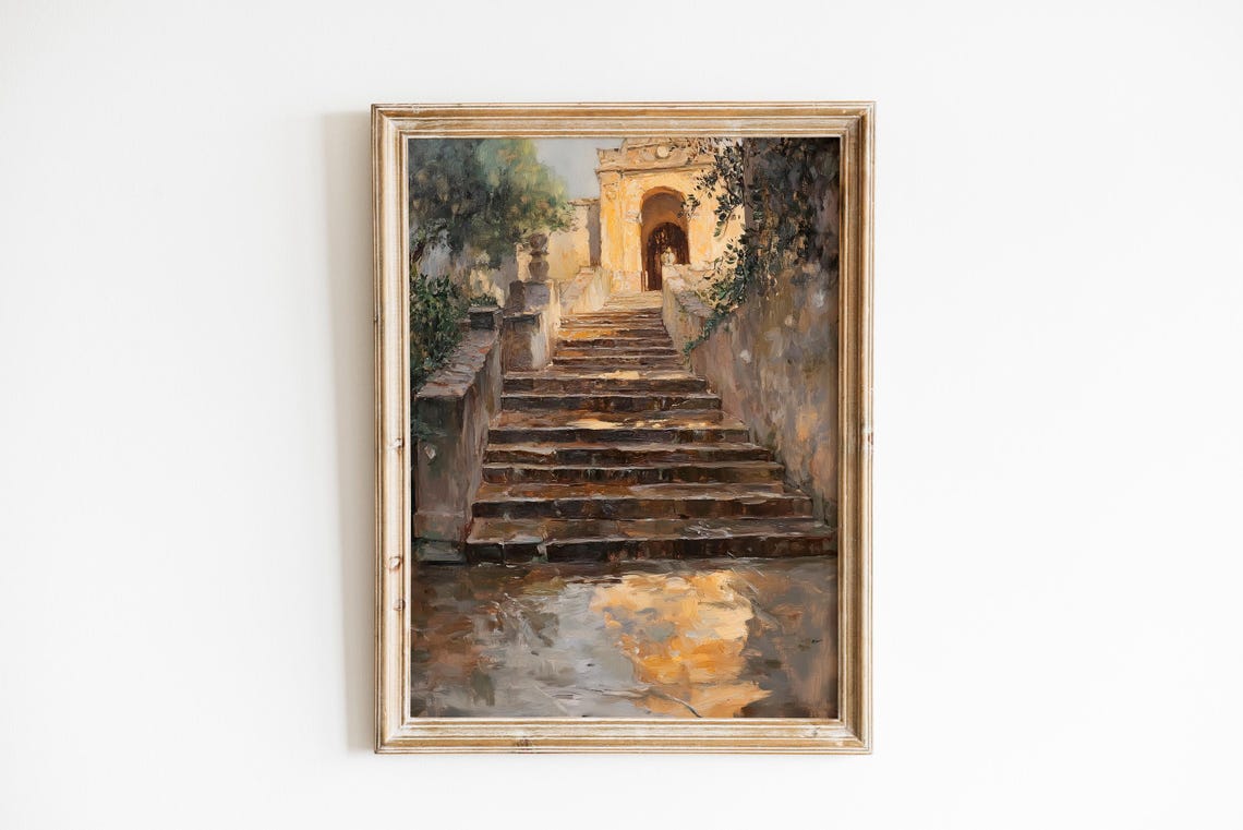 Rainsoaked Stone Steps Old Arched Doorway Moody Vintage Travel Poster