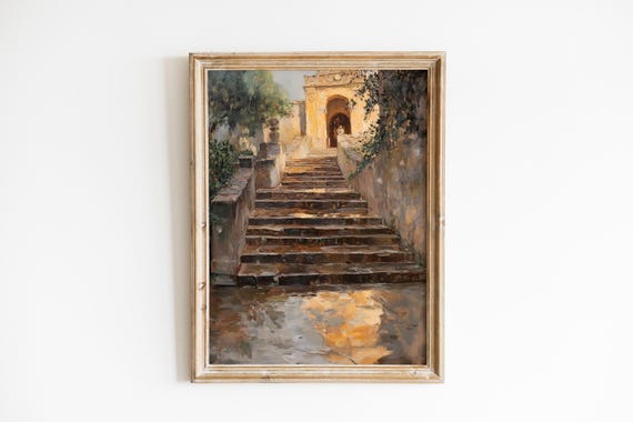 Moody Rainsoaked Stone Steps Vintage Rustic Doorway Romantic Glistening Path Arched Entrance Earthy Wall Art 738