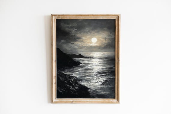 Moody Full Moon Over Coastal Andes Vintage Painterly Landscape Art Serene Night Sky Wall Decor 647