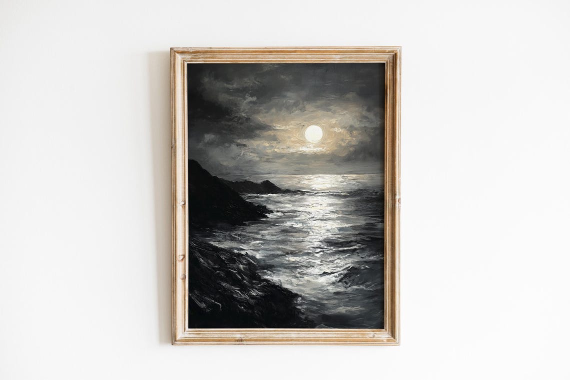 Moody Full Moon Over Coastal Andes Vintage Painterly Landscape Art Serene Night Sky Wall Decor 647