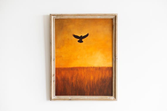 Black Crow In Flight Over Golden Wheat Field Autumn Art Poster