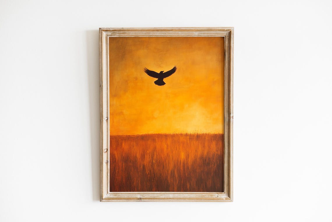 Black Crow In Flight Over Golden Wheat Field Autumn Art Poster