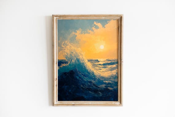 Moody Ocean Sunrise Painting Dramatic Seascape Art Nautical Coastal Wall Decor Print With Foamy Waves Golden Light 696