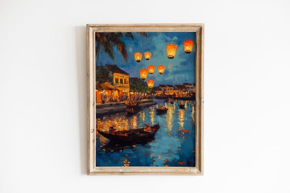 Moody Floating Lanterns Over Hoi An River Impressionistic Art And Boats Cozy Wall Decor 537