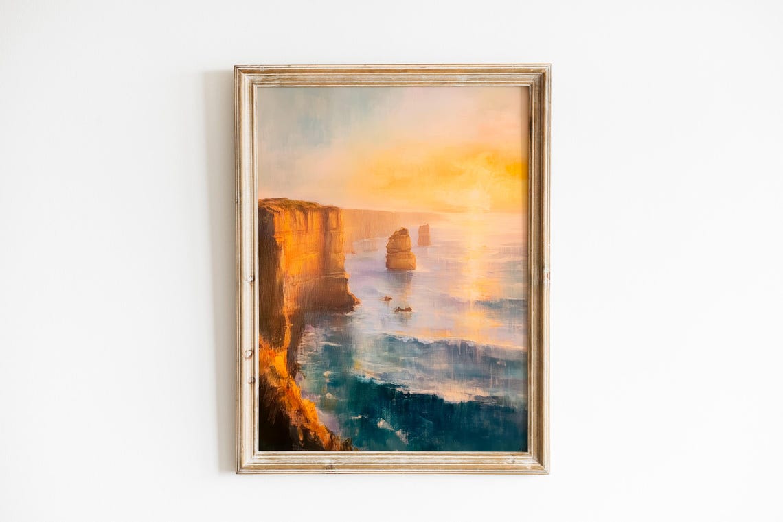 Twelve Apostles Golden Cliffs Sea Stacks Sunrise Ocean Painting Print