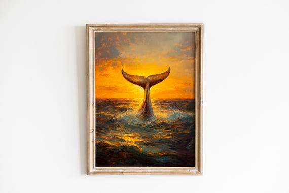 Whale Tail At Sunset Wall Art Moody Maritime Scene Dramatic Seascape Painting Rich Texture Ocean Decor 1202