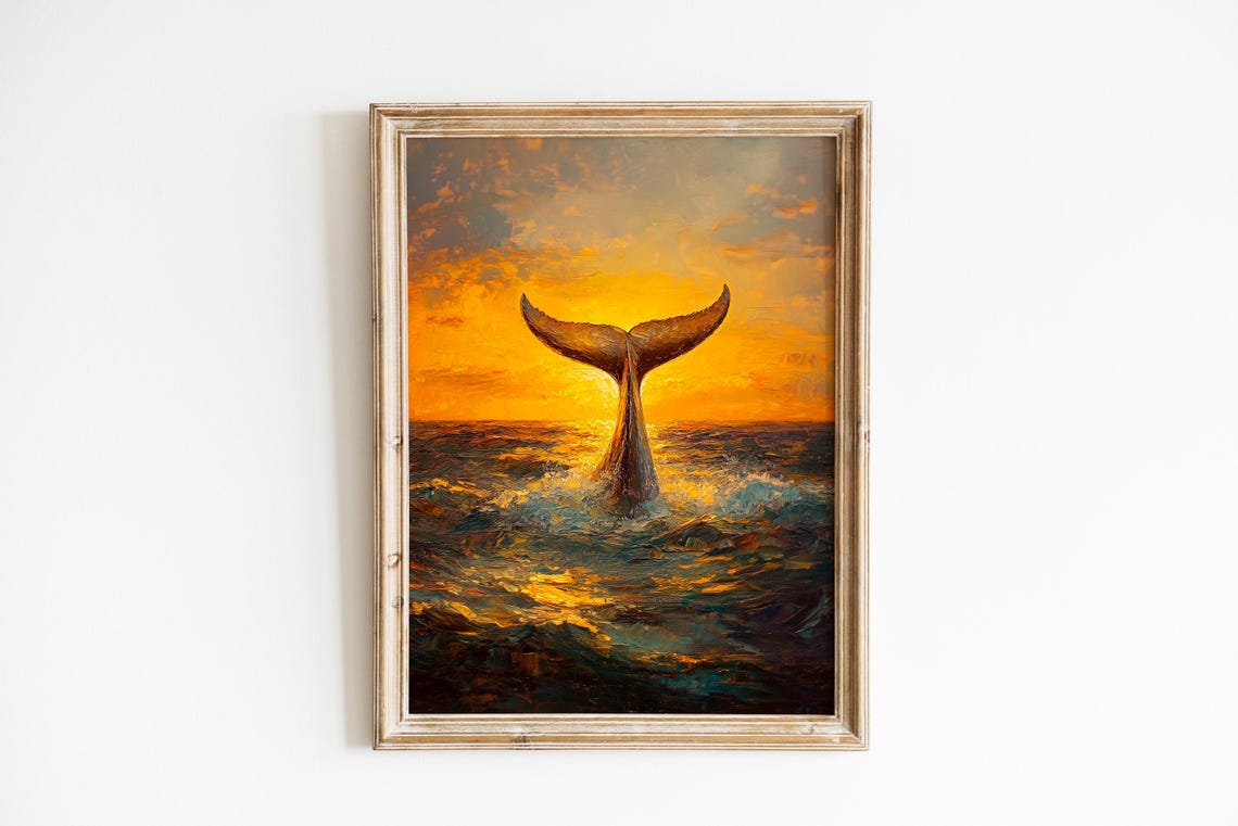 Whale Tail Diving Into Golden Sunset Ocean Waves Oil Painting Poster