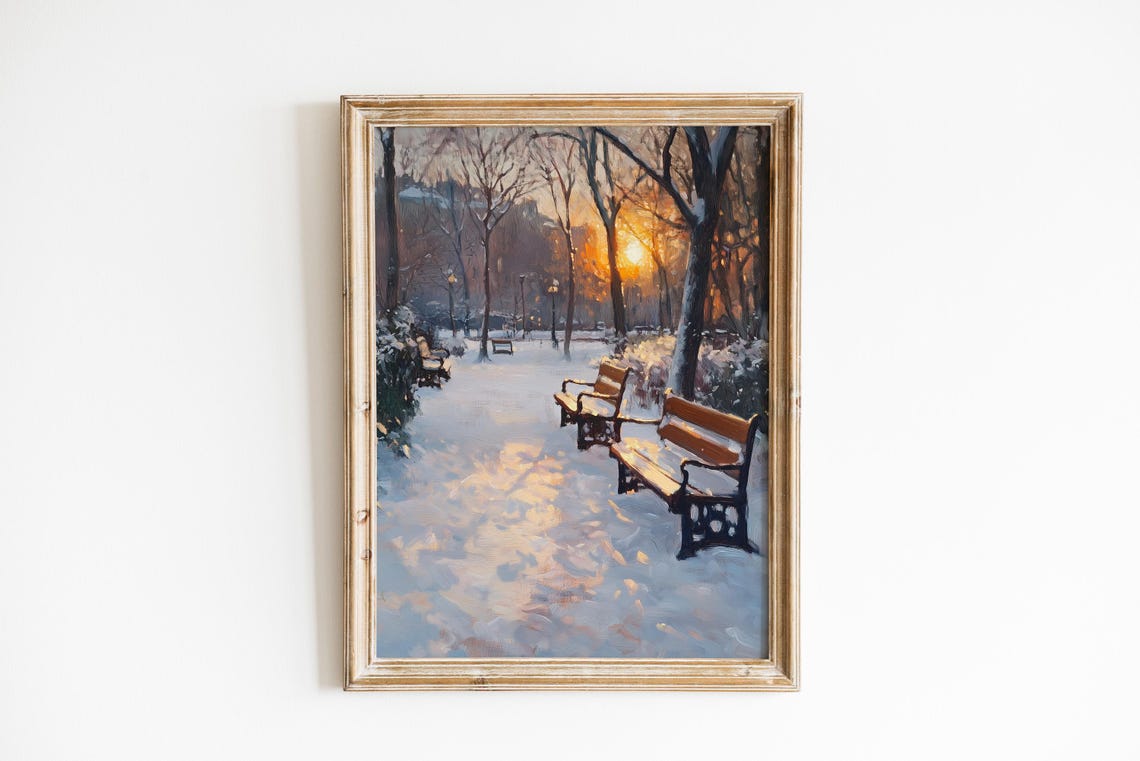 Snowy Park Benches Winter Sunset Path Serene Landscape Art Poster