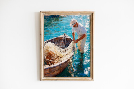 Fisherman Mending Nets in Wooden Boat Turquoise Sea Painting Print