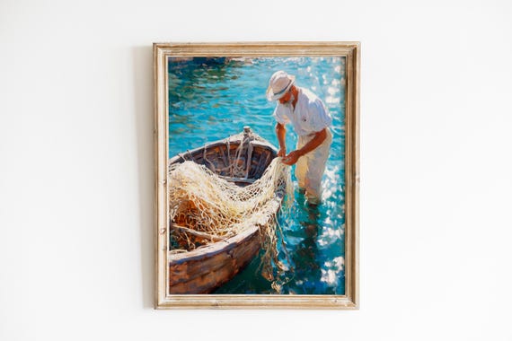 Rustic Coastal Fisherman Mending Nets Vintage Nautical Art Moody Textured Painting Wall Decor 189