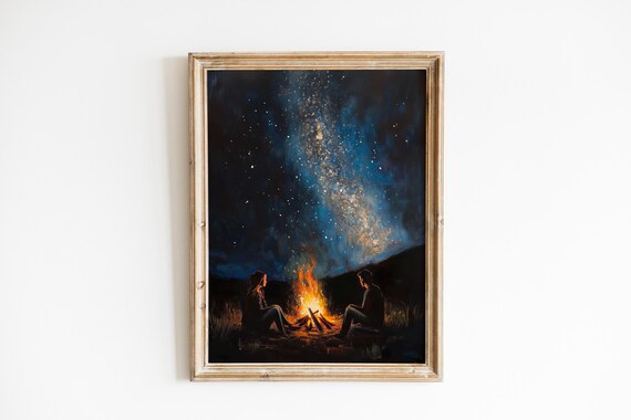 Romantic Campfire Lovers Night Sky Painting Moody Rustic Wall Art Starry Landscape Cozy Nature Decor 105