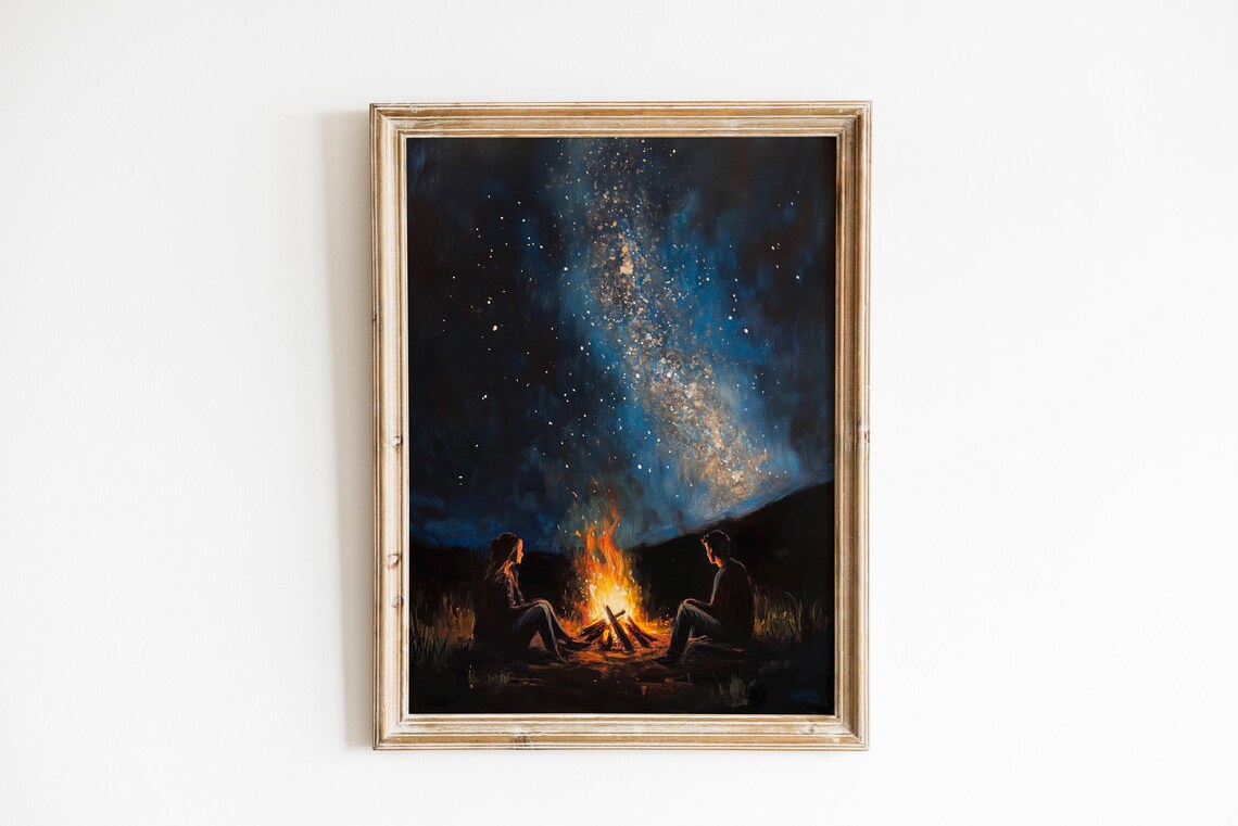 Couple Campfire Under Starry Milky Way Night Painting Poster