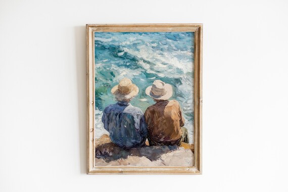 Two Elderly Friends by the Sea Nostalgic Seaside Painting Poster