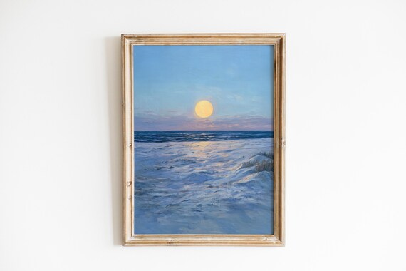 Full Moon Rising Over Calm Ocean Waves Night Oil Painting Wall Art