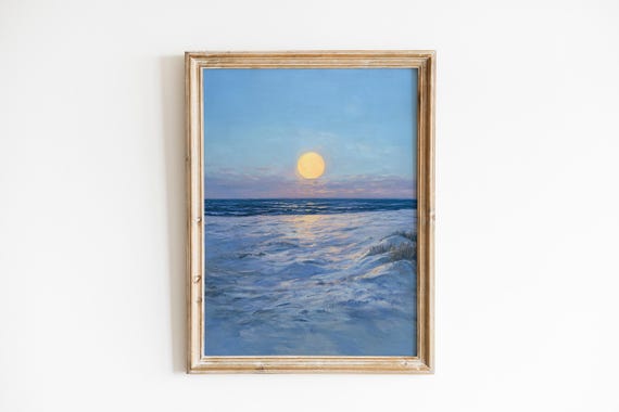 Moody Coastal Moonrise Painting Serene Vintageinspired Landscape Tranquil Night Scene Wall Art Instant 679