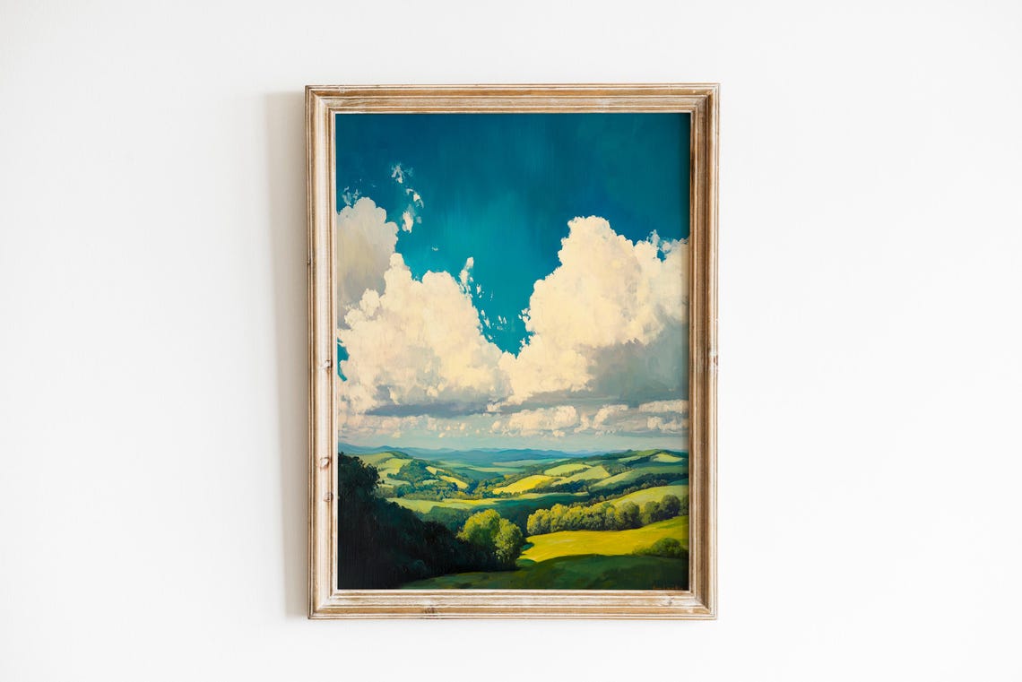 Sunlit Green Hills Dramatic Clouds Rolling Valley Landscape Wall Art