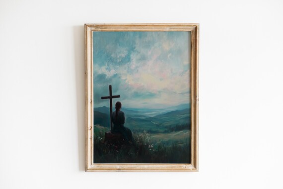 Moody Woman Praying By Hilltop Cross Vintage Solitary Art Spiritual Wall Decor Contemplative Landscape 483
