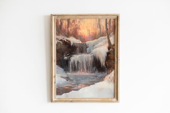 Moody Frozen Waterfall Wall Art Tranquil Winter Landscape Vintage Dawn Light Romantic Serenity Decor 1078