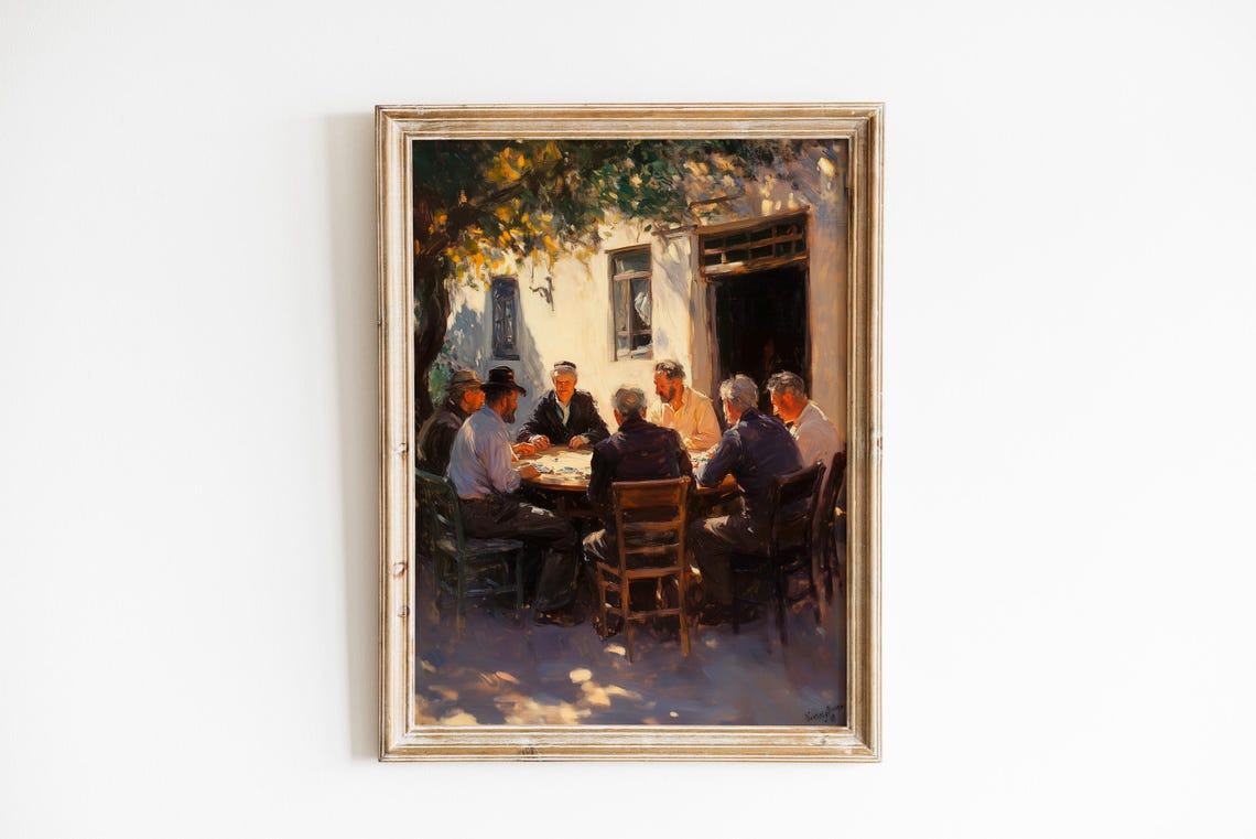 Rustic Vintage Courtyard Friends Playing Games Farmhouse Poster