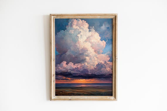 Moody Thunderstorm Landscape Painting Dramatic Prairie Scene Stormy Sky Art Rich Sunset Decor Vertical 422