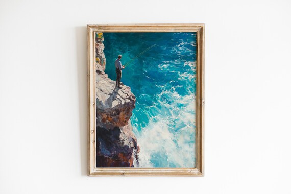 Moody Coastal Fisherman Wall Art Nautical Scene Dramatic Seascape Painting Rugged Ocean Cliffs 202