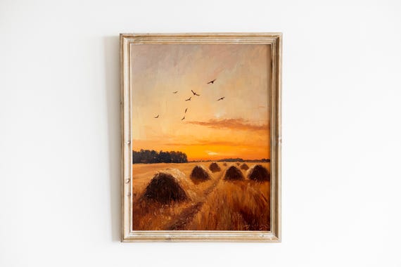 Rustic Haystacks At Sunset Pastoral Farmhouse Landscape Art Warm Amber Sky Cozy Wall Decor 135