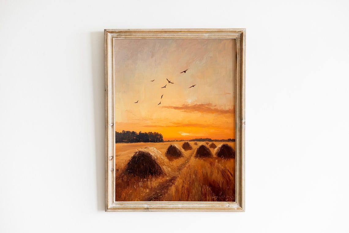 Rustic Haystacks Sunset Pastoral Farmhouse Landscape Wall Art