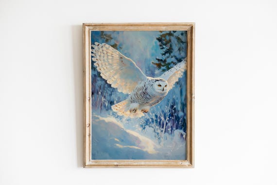 Majestic Snowy Owl In Flight Winter Wildlife Art Moody Decor Dramatic Painting Rustic Frozen Tundra Instant 1194