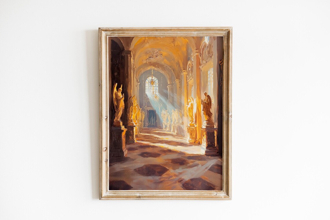 Moody Sunlit Church Interior Vintage Prayer Hall Painting Poster