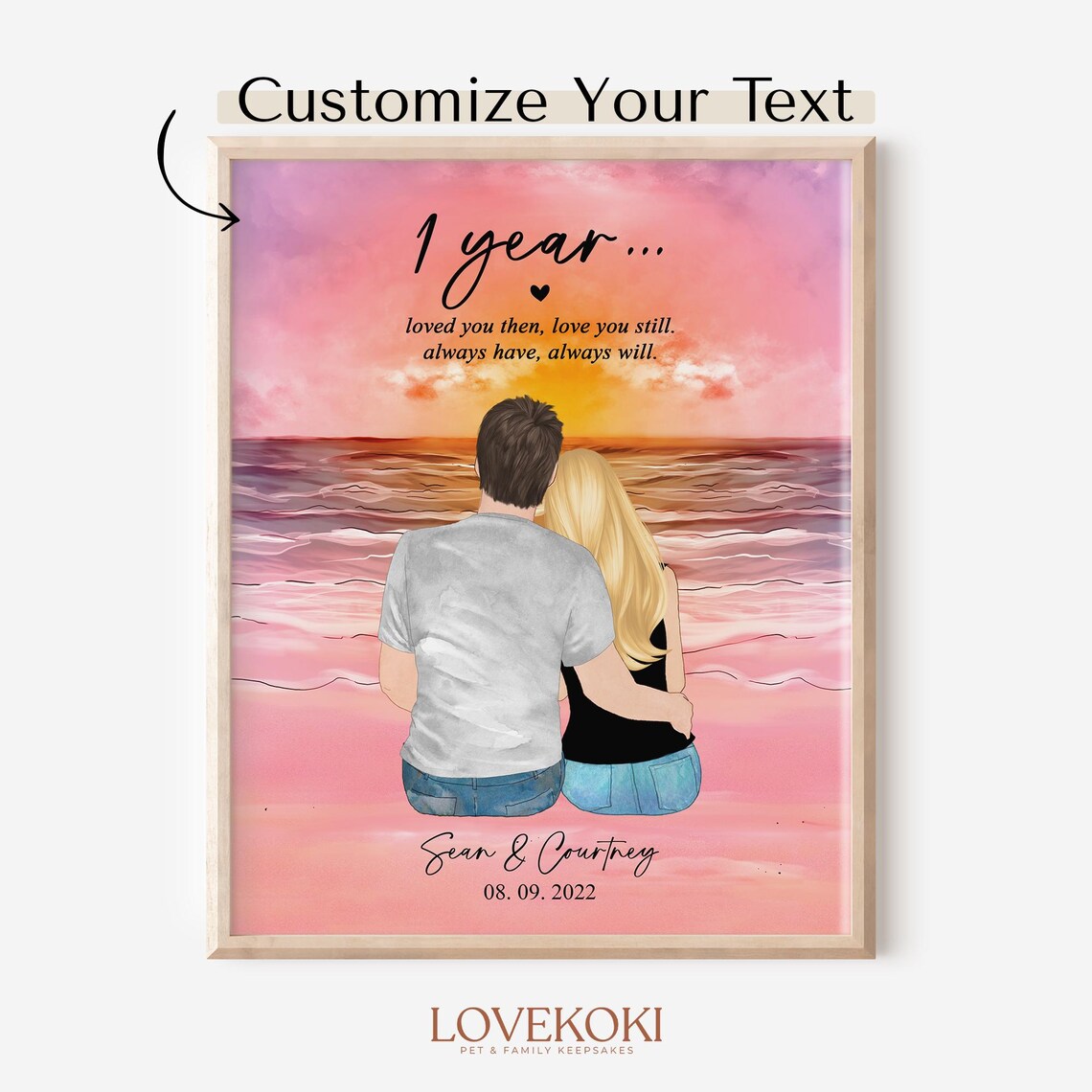 One Year Pink Sunset Beach Couple Anniversary Portrait Poster