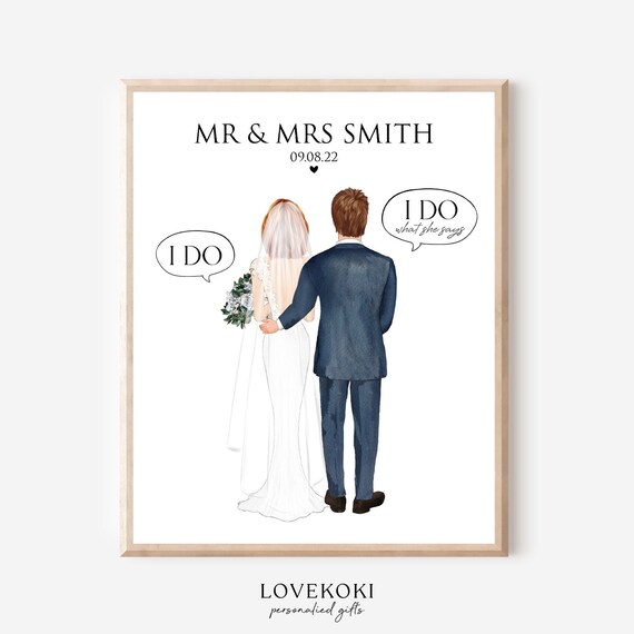 Funny Wedding Gift For Couple Custom Bride Groom Portrait Personalized Newlyweds Art Print 1st Anniversary Couple Gift With Funny Quote