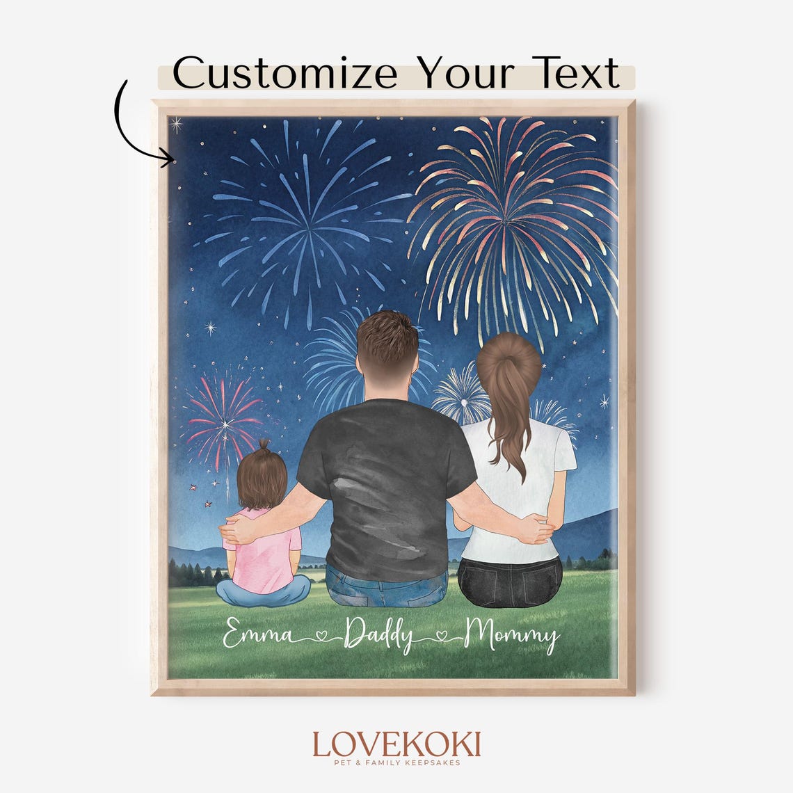 Custom Family Portrait With Lawn Fireworks For Mothers Day Mum Mommy Birthday Gift Mom Dad Kids Print Family Camping Park Picnic Wall Art
