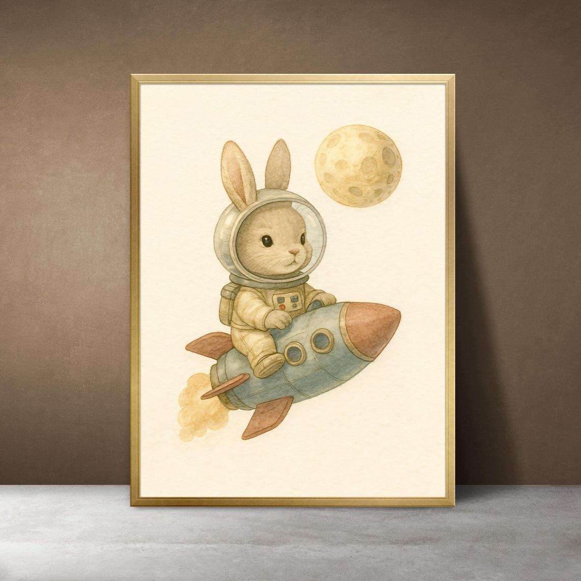 Bunny Astronaut Watercolor Print Space Nursery Rocket Art