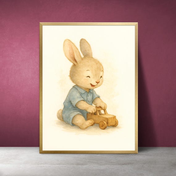 Watercolor Bunny Nursery Print Baby Rabbit Wooden Toy Truck
