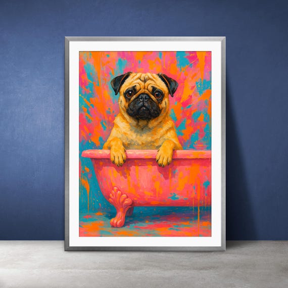 Pug In Bathtub Pop Art Print Colorful Bathroom Nursery Decor
