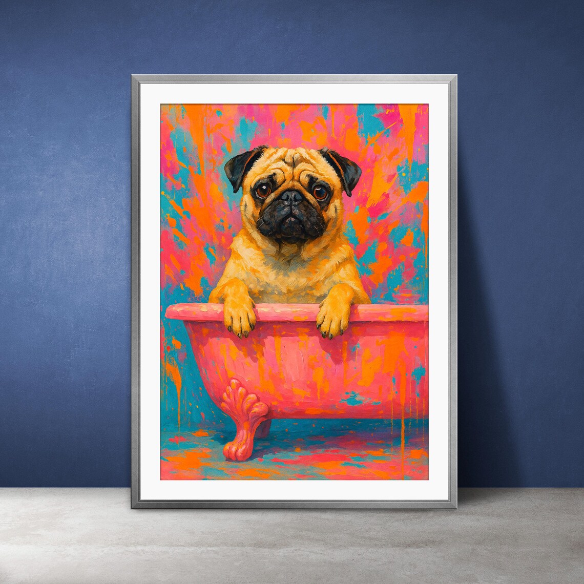 Pug In Pink Bathtub Pop Art Colorful Cute Dog Bathroom Poster