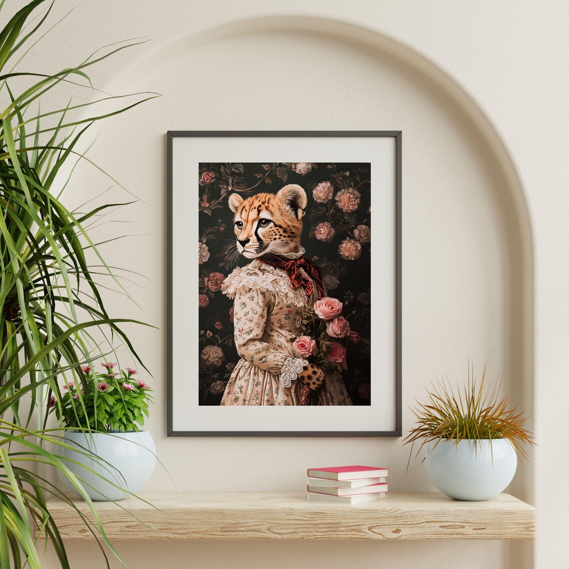 Cheetah In Victorian Floral Dress Vintage Animal Portrait Wall Art - Image 2