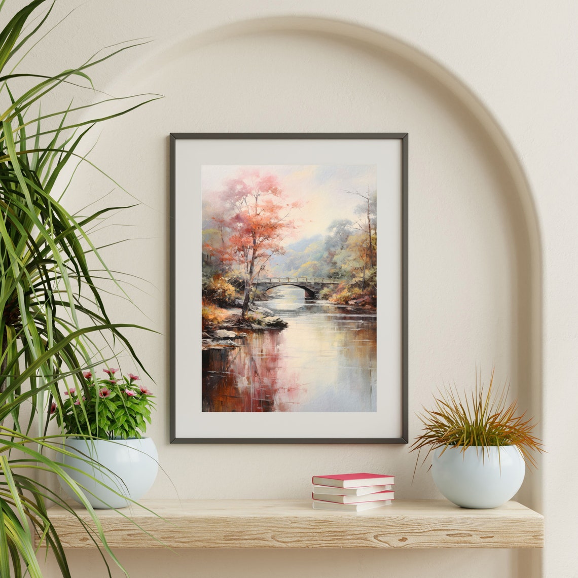 Spring Bridge Painting Retro Landscape Countryside Artwork Minimal Nature Wall Art Antique Pastel Decor P 604 - Image 2