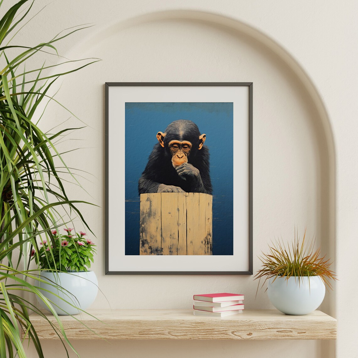 Chimpanzee Portrait Deep Blue Thinking Monkey Moody Animal Wall Art Print - Image 2