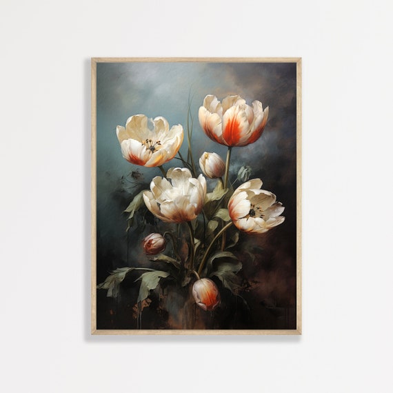 Moody Tulip Print Vintage Floral Wall Art Tulip Flowers Oil Painting Antique Farmhouse Decor Dark Living Room Art P 704