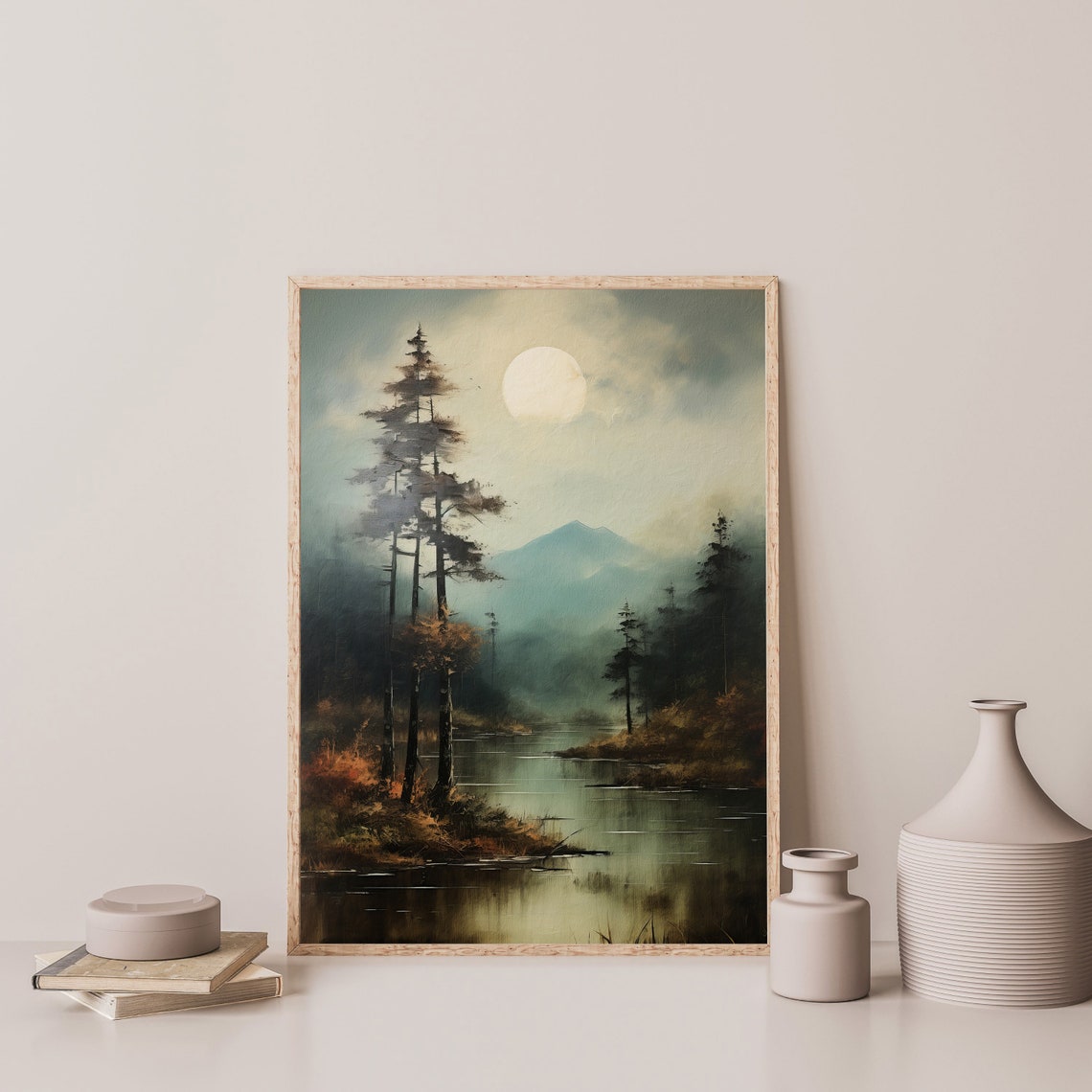 Moonlit Pine Lake Mountain Reflection Misty Night Landscape Print - Image 3