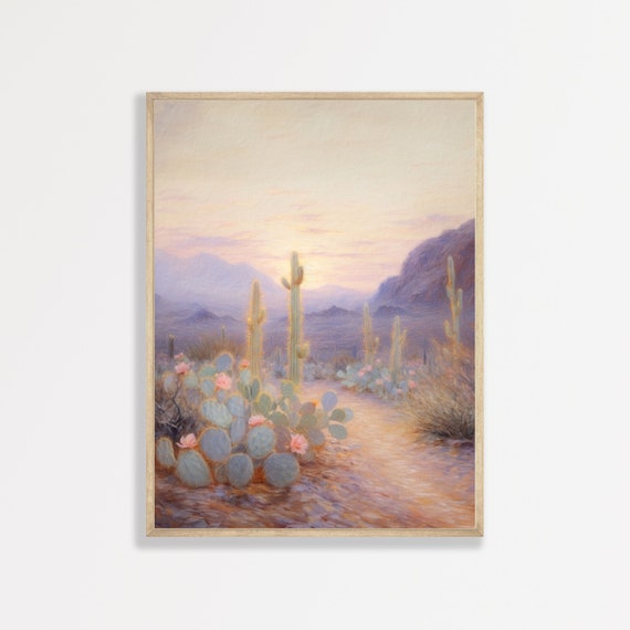 Retro Desert Cactus Landscape Art Print, Girly Aesthetic