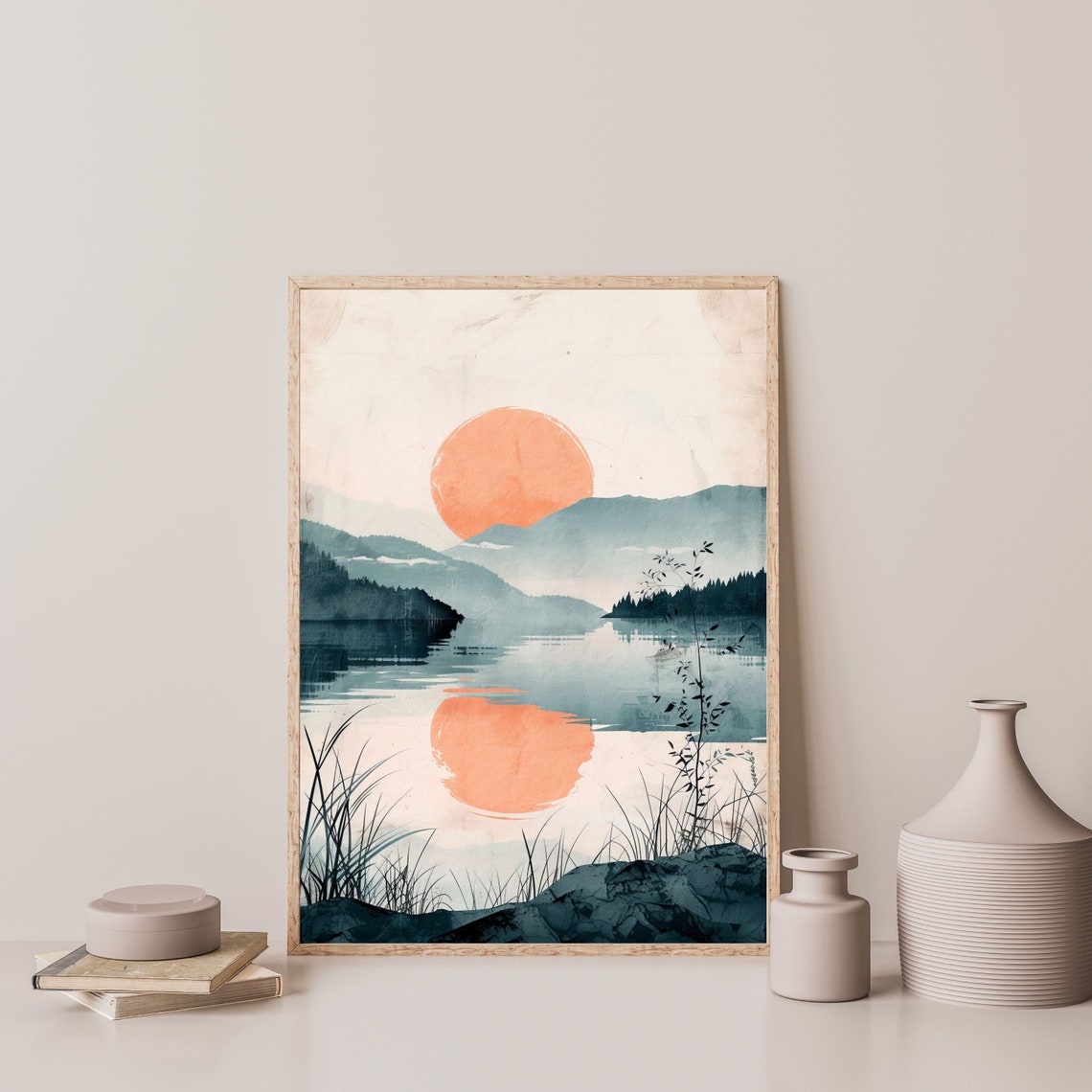 Misty Lake Coral Sun Reflection Japanese Ink Landscape Poster - Image 3